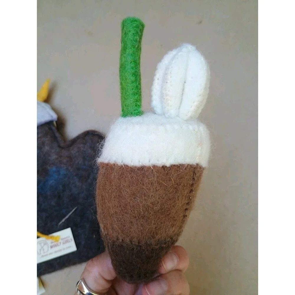 Wooly Girls Puppet And Coffee Latte Plush Felted Wool Knick Knack Viking